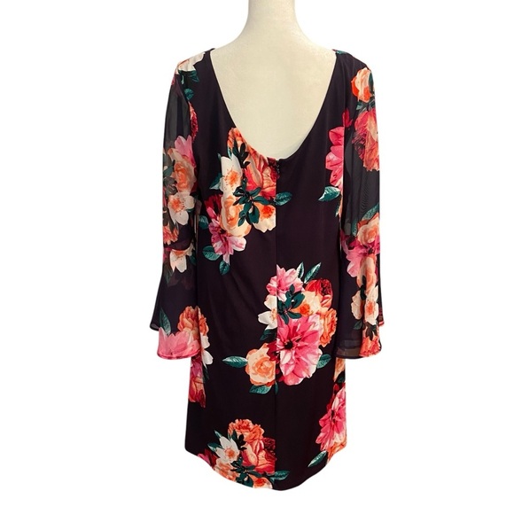 J.Howard Shift Dress Size 12 Black Floral Long Sheer Bell Sleeves Flowy Church - Picture 7 of 12